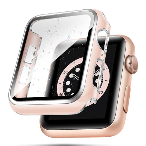 top4cus 40 mm Hülle kompatibel mit Apple Watch, mit integriertem Displayschutz aus gehärtetem Glas, PC-Abdeckung für iWatch Serie 8/7/SE 6 5 4/3 2 zur Auswahl (40 mm, rosa + silberfarbener Rand) von top4cus