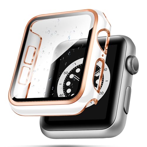 top4cus 40 mm Hülle kompatibel mit Apple Watch, mit integriertem Displayschutz aus gehärtetem Glas, PC-Abdeckung für iWatch Serie 8/7/SE 6 5 4/3 2 zur Auswahl (40 mm, weiß + rotgoldener Rand) von top4cus
