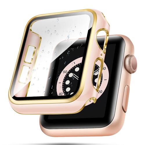 top4cus 40 mm Hülle kompatibel mit Apple Watch, mit integriertem Displayschutz aus gehärtetem Glas, PC-Abdeckung für iWatch Serie 9/8/7/SE 2. SE 6 5 4/3 2 zur Auswahl (40 mm, rosa + Goldener Rand) von top4cus