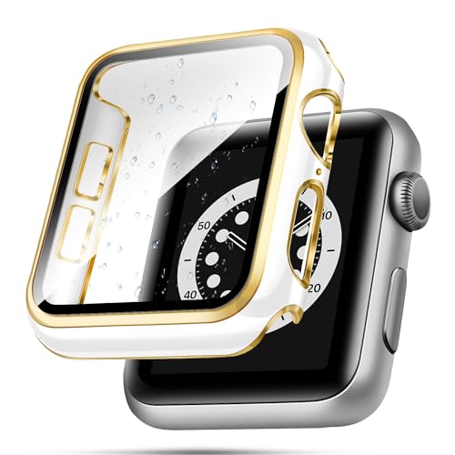 top4cus 40 mm Hülle kompatibel mit Apple Watch, mit integriertem Displayschutz aus gehärtetem Glas, PC-Abdeckung für iWatch Serie 9/8/7/SE 2. SE 6 5 4/3 2 zur Auswahl (40 mm, weiß + goldener Rand) von top4cus