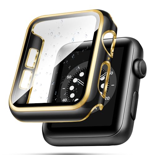 top4cus 41 mm Hülle kompatibel mit Apple Watch, mit integriertem Displayschutz aus gehärtetem Glas, PC-Abdeckung für iWatch Serie 8/7/SE 6 5 4/3 2 zur Auswahl (41 mm, Schwarz + Goldkante) von top4cus