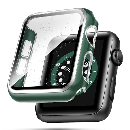 top4cus 41 mm Hülle kompatibel mit Apple Watch, mit integriertem Displayschutz aus gehärtetem Glas, PC-Abdeckung für iWatch Serie 9/8/7/SE 2. SE 6 5 4/3 2 zur Auswahl (41 mm, grün + silberner Rand) von top4cus