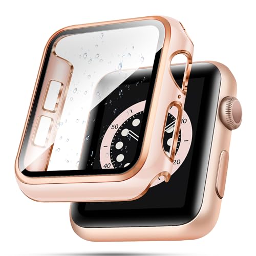 top4cus 42 mm Hülle kompatibel mit Apple Watch, mit integriertem Displayschutz aus gehärtetem Glas, PC-Abdeckung für iWatch Serie 8/7/SE 6 5 4/3 2 zur Auswahl (42 mm, rosa + rotgoldener Rand) von top4cus