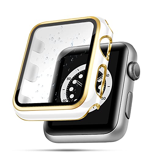 top4cus 45-mm-Hülle, kompatibel mit Apple Watch, mit integriertem Displayschutz aus gehärtetem Glas, PC-Abdeckung für iWatch Serie 9/8/7/SE 2. SE 6 5 4/3 2 zur Auswahl (45 mm, Weiß + Goldrand) von top4cus