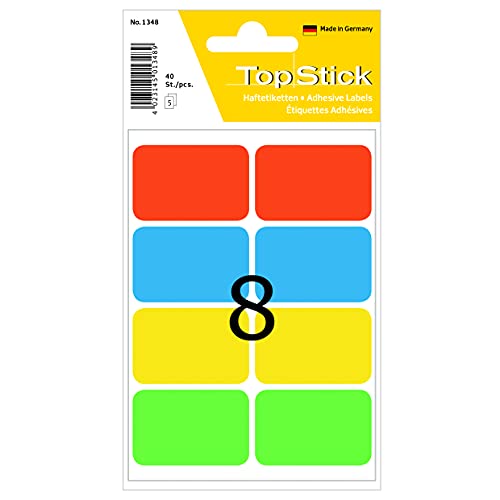 TopStick 1348 Vielzweck-Etiketten, 400 Stück, 40 x 26 mm, 8 pro Bogen, selbstklebend, Haushaltsetiketten zum Beschriften, matt, blanko Papier Klebeetiketten Aufkleber, bunt von topstick