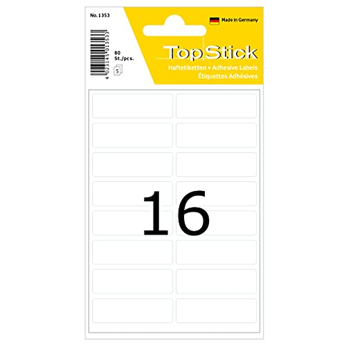 TopStick 1353 Vielzweck-Etiketten mini, 800 Stück, 40 x 13 mm, 16 pro Bogen, selbstklebend, Haushaltsetiketten zum Beschriften, matt, blanko Papier Klebeetiketten Aufkleber, weiß von topstick