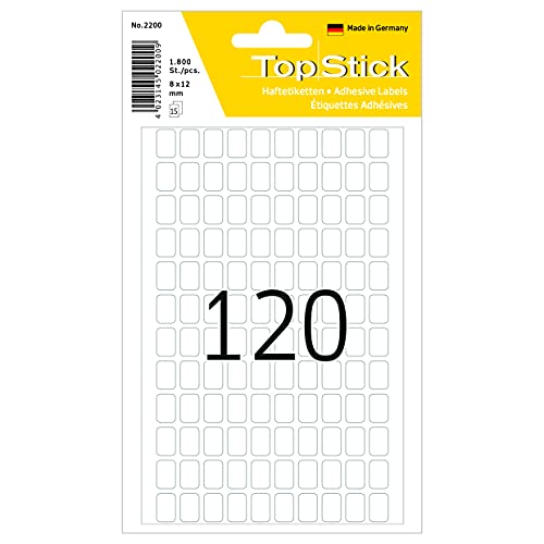 TopStick 2200 Vielzweck-Etiketten, 18000 Stück, 8 x 12 mm, 120 pro Bogen, selbstklebend, Haushaltsetiketten zum Beschriften, matt, blanko Papier Klebeetiketten Aufkleber, weiß von topstick
