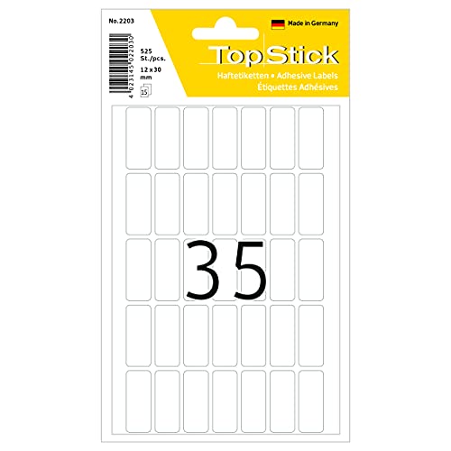 TopStick 2203 Vielzweck-Etiketten, 525 Stück, 12 x 30 mm, 35 pro Bogen, selbstklebend, Haushaltsetiketten zum Beschriften, matt, blanko Papier Klebeetiketten Aufkleber, weiß von HERMA