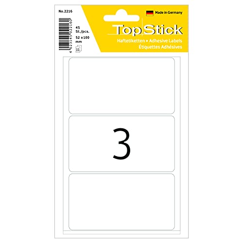TopStick 2216 Vielzweck-Etiketten, 450 Stück, 100 x 52 mm, 3 pro Bogen, selbstklebend, Haushaltsetiketten zum Beschriften, matt, blanko Papier Klebeetiketten Aufkleber, weiß von TopStick