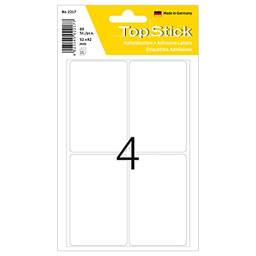 TopStick 2217 Vielzweck-Etiketten, 600 Stück, 52 x 82 mm, 4 pro Bogen, selbstklebend, Haushaltsetiketten zum Beschriften, matt, blanko Papier Klebeetiketten Aufkleber, weiß von topstick