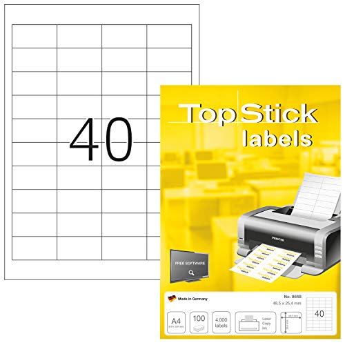 TopStick 8658 Universal Etiketten, 100 Blatt, 48,5 x 25,4 mm, 40 pro A4 Bogen, 4000 Stück, selbstklebend, bedruckbar, matt, blanko Papier Klebeetiketten Aufkleber, weiß von TopStick