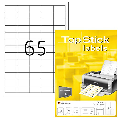 TopStick 8697 Universal Etiketten, 100 Blatt, 38,1 x 21,2 mm, 65 pro A4 Bogen, 6500 Stück, selbstklebend, bedruckbar, matt, blanko Papier Klebeetiketten Aufkleber, weiß von TopStick