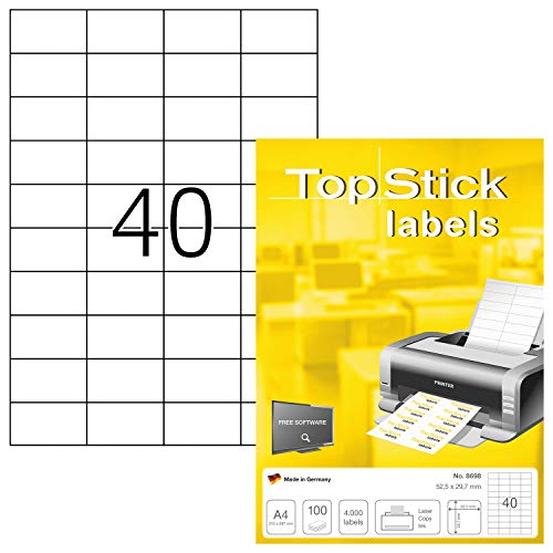 TopStick 8698 Universal Etiketten, 1000 Blatt, 52,5 x 29,7 mm, 40 pro A4 Bogen, 40000 Stück, selbstklebend, bedruckbar, matt, blanko Papier Klebeetiketten Aufkleber, weiß von topstick