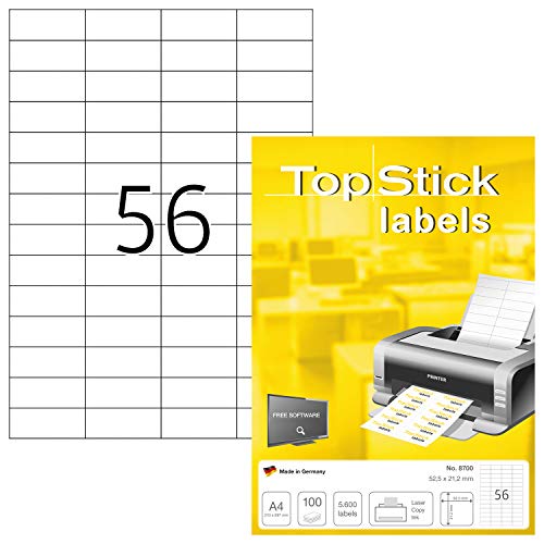 TopStick 8700 Universal Etiketten, 1000 Blatt, 52,5 x 21,2 mm, 56 pro A4 Bogen, 56000 Stück, selbstklebend, bedruckbar, matt, blanko Papier Klebeetiketten Aufkleber, weiß von TopStick