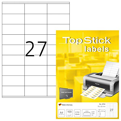 TopStick 8704 Universal Etiketten, 1000 Blatt, 70 x 32 mm, 27 pro A4 Bogen, 27000 Stück, selbstklebend, bedruckbar, matt, blanko Papier Klebeetiketten Aufkleber, weiß von topstick