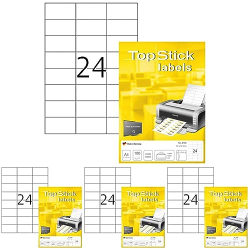 TopStick 8706 Adressetiketten, 100 Blatt, 70 x 37 mm, 24 Stück pro A4 Bogen, 2400 Aufkleber, selbstklebend, bedruckbar, blanko Universal Etiketten aus Papier für Laser/Inkjet Drucker, weiß von topstick