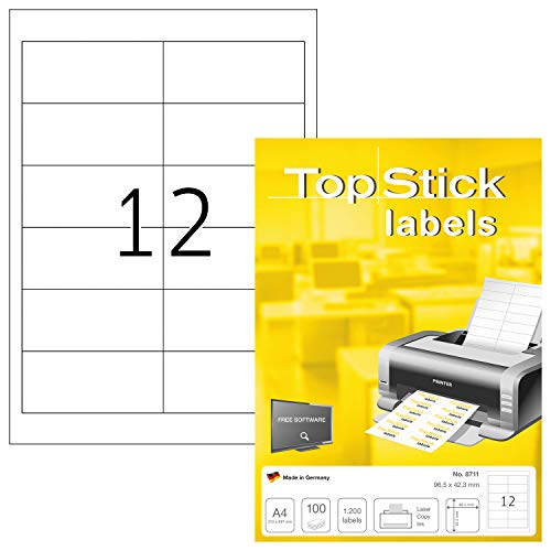 TopStick 8711 Universal Etiketten, 100 Blatt, 96,5 x 42,3 mm, 12 pro A4 Bogen, 1200 Stück, selbstklebend, bedruckbar, matt, blanko Papier Klebeetiketten Aufkleber, weiß von TopStick