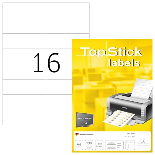 TopStick 8712 Universal Etiketten, 100 Blatt, 105 x 37 mm, 16 pro A4 Bogen, 1600 Stück, selbstklebend, bedruckbar, matt, blanko Papier Klebeetiketten Aufkleber, weiß TopStick 8712 Universal Etiketten, 100 Blatt, 105 x 37 mm, 16 pro A4 Bogen, 1600 Stück, selbstklebend, bedruckbar, matt, blanko Papier Klebeetiketten Aufkleber, weiß von TopStick