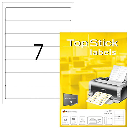 TopStick 8721 Ordnerrücken Etiketten schmal kurz, 100 Blatt, 192 x 38 mm, 7 pro A4 Bogen, 700 Stück, selbstklebend, bedruckbar, blickdicht, blanko Papier Ordneretiketten Rückenschilder Aufkleber, weiß von TopStick