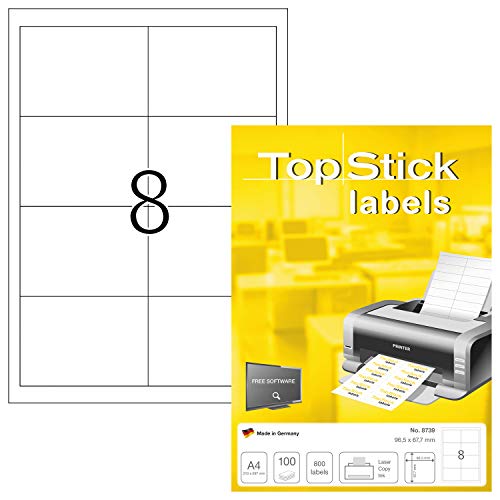 TopStick 8739 Universal Etiketten, 100 Blatt, 96,5 x 67,7 mm, 8 pro A4 Bogen, 800 Stück, selbstklebend, bedruckbar, matt, blanko Papier Klebeetiketten Aufkleber, weiß von TopStick