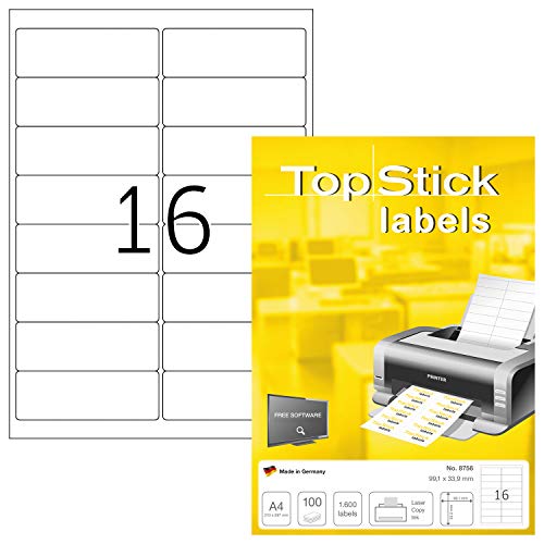 TopStick 8756 Adressetiketten, 100 Blatt, 99,1 x 33,9 mm, 16 pro A4 Bogen, 1600 Stück, selbstklebend, bedruckbar, matt, blanko Papier Adressaufkleber Etiketten, weiß von topstick