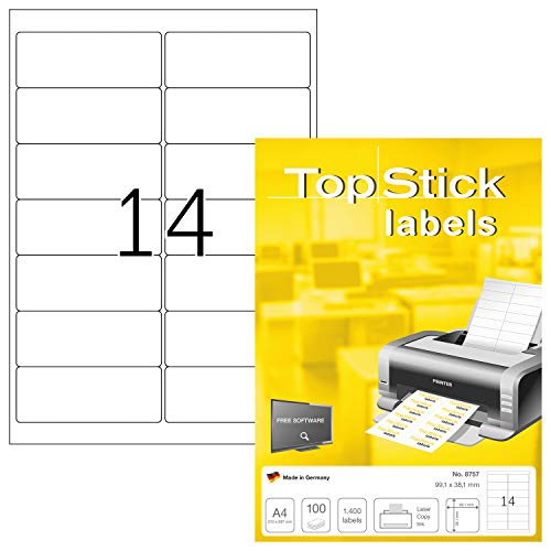 TopStick 8757 Adressetiketten, 1000 Blatt, 99,1 x 38,1 mm, 14 pro A4 Bogen, 14000 Stück, selbstklebend, bedruckbar, matt, blanko Papier Adressaufkleber Etiketten, weiß von TopStick