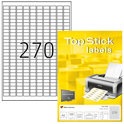 TopStick 8790 Universal Etiketten, 100 Blatt, 17,8 x 10 mm, 270 pro A4 Bogen, 27000 Stück, selbstklebend, bedruckbar, matt, blanko Papier Klebeetiketten Aufkleber, weiß von TopStick