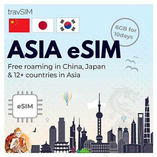 travSIM eSIM Für Asien | 6GB Mobile Daten | Freies Roaming in China Japan, Südkorea & 12 weiteren Regionen in Asien | Der Plan auf der Asien eSIM ist für 10 Tage aktiv von travSIM