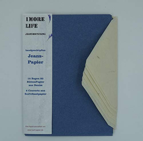 paperfreak: Jeanspapier aus recycelten Jeans handgeschöpft A5 Set mit 12 Bogen + 6 Couverts aus Seidelbastpapier Schreibpapier Briefpapier Druckerpapier - denim paper von tribal paper bhutanpaperarts