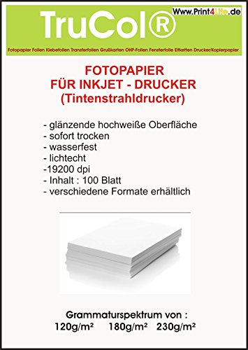 100 Blatt Fotopapier DIN A4, 230g/qm, high -Glossy (hoch-glaenzend) -sofort trocken -wasserfest-hochweiß-sehr hohe Farbbrillianz, Fuer Inkjet Drucker (Tintenstrahldrucker) von trucol