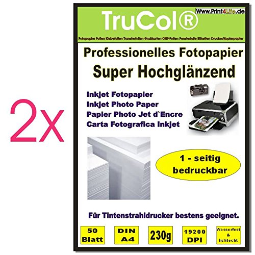 100 Blatt Fotopapier DIN A4, 230g/qm, high -Glossy (hoch-glänzend) -sofort trocken -wasserfest-hochweiß-sehr hohe Farbbrillianz, für Inkjet Drucker (Tintenstrahldrucker). von trucol