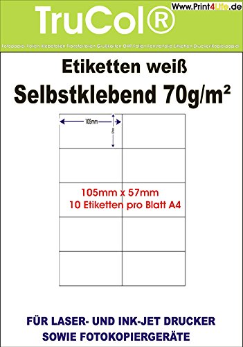 1000 Universal Qualitäts Etiketten 105 x 57 mm selbstklebend weiß bedruckbar - 100 DIN A4 Bogen à 2x5 105x57 Labels von trucol
