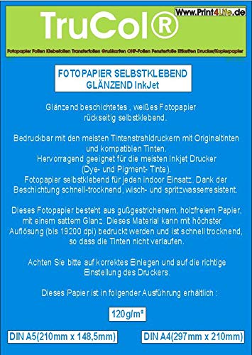 100x Premium selbstklebend Highglossy DIN A4 Fotopapier Klebepapier hochglänzend wasserfest 120g /m² vollflächig klebend bis 19200 DPI lichtecht von trucol
