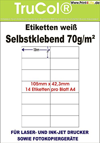 1400 Universal Qualitäts Etiketten 105 x 42,3 mm selbstklebend weiß bedruckbar - 100 DIN A4 Bogen à 2x7 105x42.3 Labels von trucol
