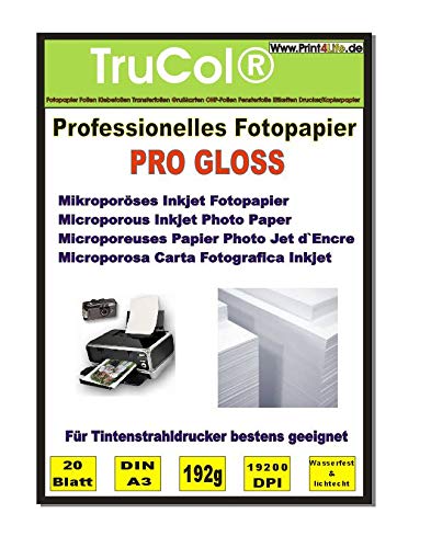 20 Blatt DIN A3 Pro Gloss glänzend 192g /m² mikroporöses beschichtetes Inkjet Photo Paper Tintenstrahldrucker Schnelltrocknendes Fotopapier wasserfest lichtecht keramik beschichtet bis 19200 dpi bedruckbar von trucol