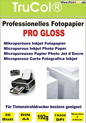 20 Blatt DIN A4 Pro Gloss glänzend 192g /m² mikroporöses beschichtetes Inkjet Photo Paper Tintenstrahldrucker Schnelltrocknendes Fotopapier wasserfest lichtecht keramik beschichtet bis 19200 dpi bedruckbar von trucol
