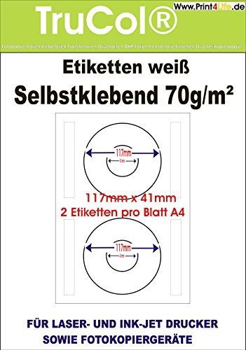 200 Universal CD DVD Labels bedruckbar Qualitäts Etiketten 117 x 41 mm selbstklebend weiß Ø 117 mm, Innenloch groß - 100 DIN A4 Bogen à 2x1 117x41 Labels von trucol