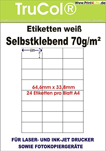 2400 Universal Qualitäts Etiketten 64,6 x 33,8 mm selbstklebend weiß bedruckbar - 100 DIN A4 Bogen à 3x8 64.6x33.8 Labels von trucol