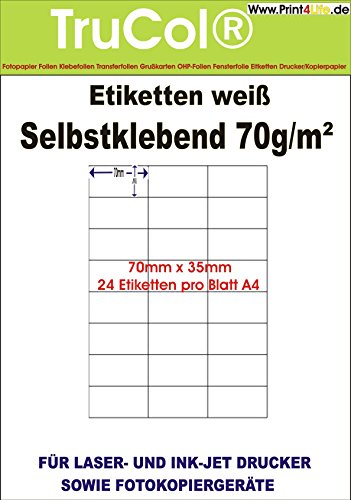 2400 Universal Qualitäts Etiketten 70,0 x 35,0 mm selbstklebend weiß bedruckbar - 100 DIN A4 Bogen à 3x8 70x35 Labels von trucol