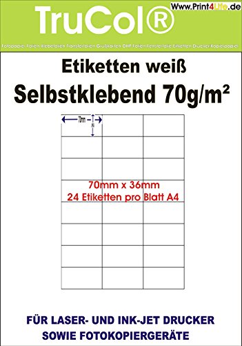2400 Universal Qualitäts Etiketten 70 x 36 mm selbstklebend weiß bedruckbar - 100 DIN A4 Bogen à 3x8 70x36 Labels von trucol