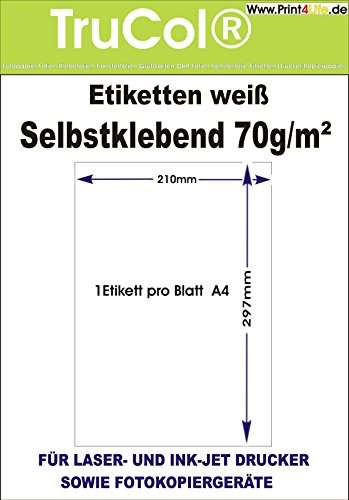 25 Etiketten A4-210 x 297 vollflächig selbstklebend weiß - Allround Qualität – selbstklebendes Papier von trucol