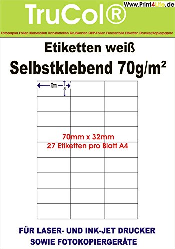 2700 Universal Qualitäts Etiketten 70,0 x 32,0 mm selbstklebend weiß bedruckbar - 100 DIN A4 Bogen à 3x9 70x32 Labels von trucol