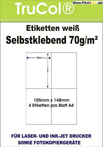 4.000 Etiketten 105 x 148 mm selbstklebend auf DIN A4 Bögen (2x2 Etiketten DIN A6) – 1000 Blatt Bigpack - Universell für Laser/Inkjet/Kopierer einsetzbar von trucol