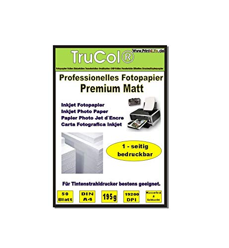 50 Blatt DIN A4 195g /m² Premium MATT Fotopapier matt - sofort trocken - wasserfest - hochweiß - sehr hohe Farbbrillianz für Tintenstrahldrucker Flyerpapier Broschüren Vorlagen von trucol