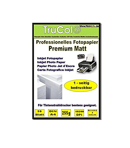50 Blatt DIN A4 255g /m² Premium MATT Fotopapier matt - sofort trocken - wasserfest - hochweiß - sehr hohe Farbbrillianz für Tintenstrahldrucker Flyerpapier Broschüren Vorlagen von trucol