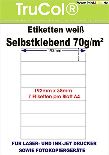 700 Universal Qualitäts Etiketten 192,0 x 38,0 mm selbstklebend weiß bedruckbar - 100 DIN A4 Bogen à 1x7 192x38 Labels von trucol