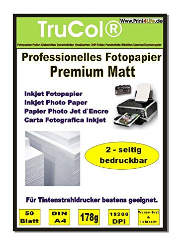 Beidseitig 50 Blatt DIN A4 178g /m² Premium MATT Fotopapier matt - sofort trocken - wasserfest - hochweiß - sehr hohe Farbbrillianz für Tintenstrahldrucker Flyerpapier Broschüren Vorlagen von trucol