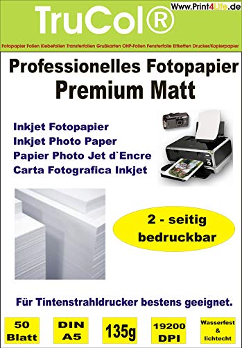 Beidseitig 50 Blatt DIN A5 135g /m² Premium MATT Fotopapier hochweiß für Tintenstrahldrucker sofort trocken wasserfest lichtecht Flyerpapier Broschüren Vorlagen Grußkarten Photopapier Einladungskarte von trucol