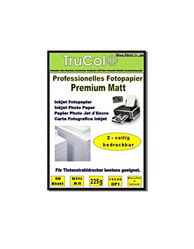 Beidseitig 50 Blatt DIN A5 225g /m² Premium MATT Fotopapier hochweiß für Tintenstrahldrucker sofort trocken wasserfest lichtecht Flyerpapier Broschüren Vorlagen Grußkarten Photopapier Einladungskarte von trucol