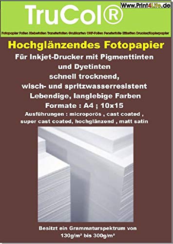 Fotopapier Format A4/270 g/m² glänzend/trocknet sofort, wasserdicht, sehr hoher Glanz, für Tintenstrahldrucker 125 Blatt von trucol